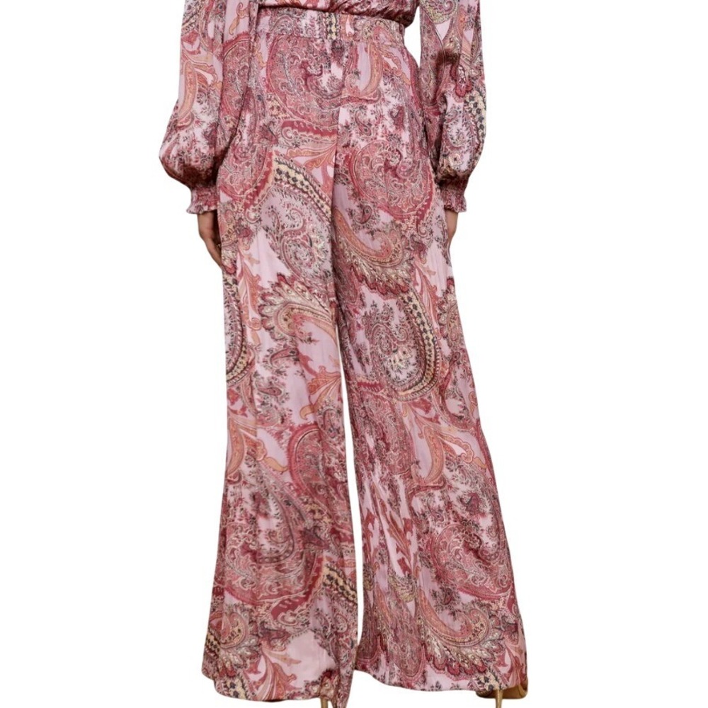 L'AGENCE Women's 4 Pink Paisley 100% Silk High Waisted Wide Leg Pants Pockets